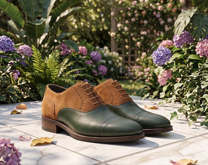 Men's Green Suede Leather Cap Toe Oxford Dress Shoes – Formal Wedding Footwear
