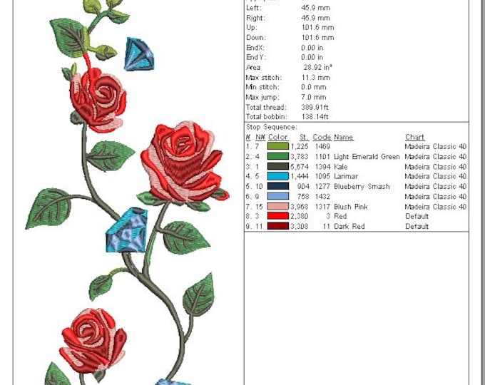 Red Rose Diamond Embroidery Design: 8" Floral Vine (DST File)