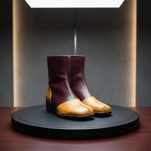 May include: A pair of two-tone ankle boots. The boots feature a burgundy upper and a mustard yellow toe and lower front. They have a zipper closure and are displayed on a black platform.
