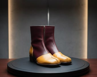Handmade Leather Tabi Boots, Mustard & Dark Red Split Toe Ankle Boots men's and women's