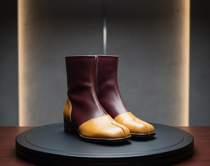 Handmade Leather Tabi Boots, Mustard & Dark Red Split Toe Ankle Boots men's and women's