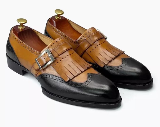 Men's Premium Leather Fringed Monk Strap Shoes – Two-Tone Black & Tan – Footwear for Weddings, Business, and Formal Occasions