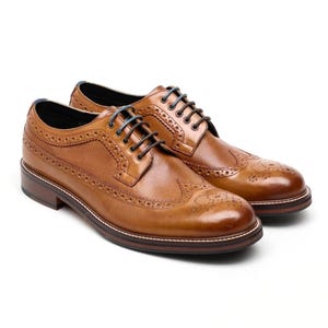 Handmade Tan Leather Brogue Derby Shoes - Wingtip Oxford Lace-Ups
