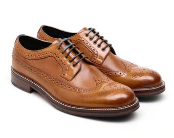 Handmade Tan Leather Brogue Derby Shoes - Wingtip Oxford Lace-Ups
