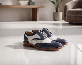 Handmade Blue White Leather Wingtip Oxford Dress Shoes, Brogue Formal Wedding Oxfords