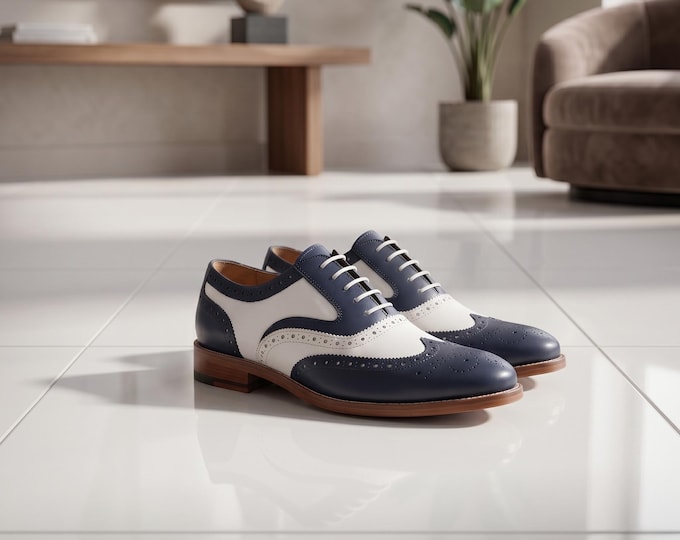 Handmade Blue White Leather Wingtip Oxford Dress Shoes, Brogue Formal Wedding Oxfords