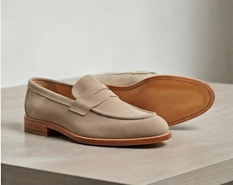 Beige Suede Penny Loafers, Men's Leather Slip On Shoes, Handmade Casual Dress Shoes, Classic Moccasins, Custom Footwear
