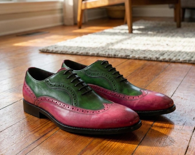 Handmade Green Burgundy Leather Wingtip Brogues – Two Tone Oxford Dress Shoes