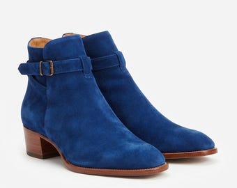 Blue Suede Ankle Boots for Men, Handmade Chelsea Style Boots, Buckle Strap Dress Boots, Leather Boots, Custom Mens Shoes