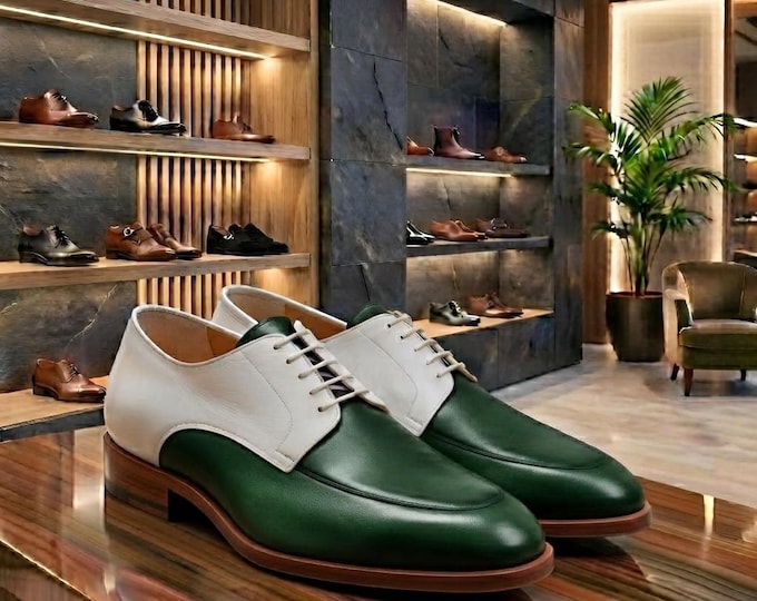 Green White Leather Derby Shoes, Handmade Two Tone Dress Shoes, Men's Formal Oxford Shoes, Custom Wedding Shoes, Leather Lace Up