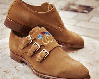Handmade Men's Tan Suede Shoes | Triple Monk Strap Dress Shoes | Custom Embroidered Wedding Footwear | Bespoke Leather Loafers | Groom Shoes