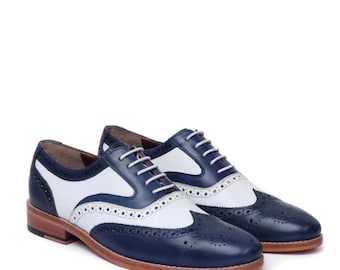 Men's Two-Tone Navy & White Oxford Shoes – Handmade Wingtip Brogues | Vintage Style Dress Shoes