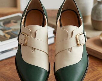 Men's Green & Cream Two-Tone Monk Strap Dress Shoes
