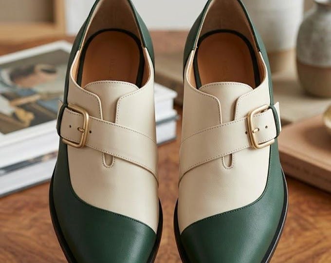 Men's Green & Cream Two-Tone Monk Strap Dress Shoes