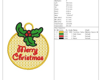 Merry Christmas Ornament Ball Embroidery Design | Holiday Bauble Machine Embroidery File (DST, PES, EXP)