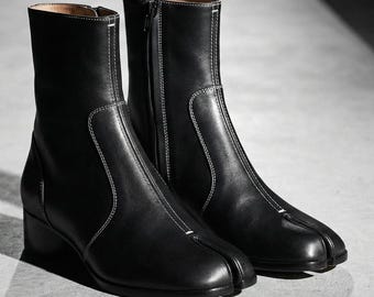 Handmade Black Leather Ankle Boots – Minimalist Zip Dress Boots