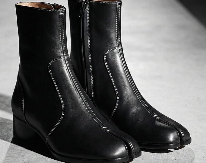 Handmade Black Leather Ankle Boots – Minimalist Zip Dress Boots