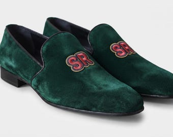 Personalized Emerald Green Velvet Loafers, Custom Embroidered Men's Dress Shoes