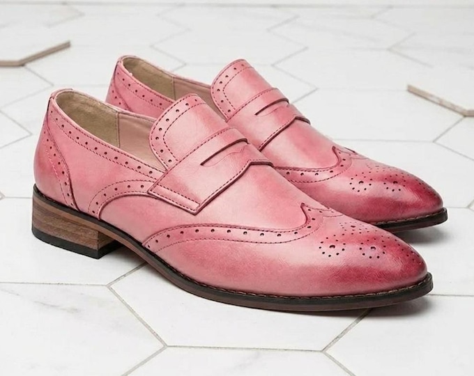 Handmade Pink Leather Wingtip Penny Loafers – Men's Brogue Dress Shoes