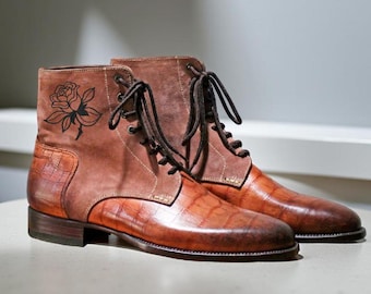 Handcrafted Two Tone Leather Boots with Embroidered Rose Design – Unique Brown Lace-Up Men's Boots – Suede & Crocodile Custom Made Boots