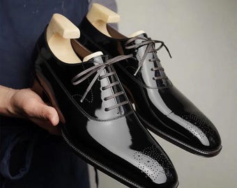 Handcrafted Black Patent Leather Brogue Oxford Shoes | Formal Dress Wedding Prom