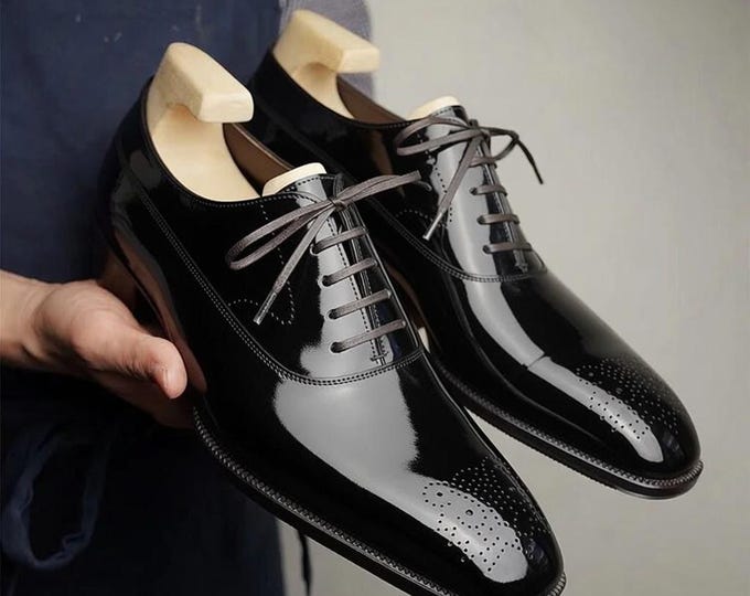 Handcrafted Black Patent Leather Brogue Oxford Shoes | Formal Dress Wedding Prom