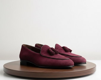 Handmade Burgundy Suede Tassel Loafers: Men's Luxury Dress Shoes