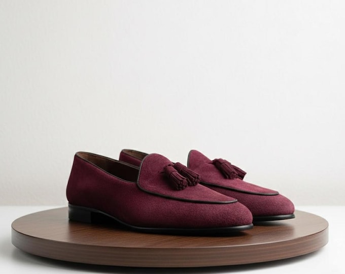 Handmade Burgundy Suede Tassel Loafers: Men's Luxury Dress Shoes