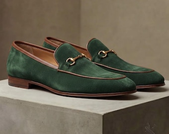 Men's Green Suede Horsebit Loafers, Handmade Leather Dress Shoes, Wedding Formal Slip-Ons