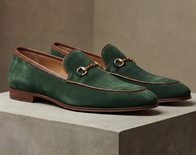 Men's Green Suede Horsebit Loafers, Handmade Leather Dress Shoes, Wedding Formal Slip-Ons