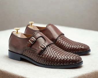 Handmade Brown Woven Leather Double Monk Strap Shoes | Formal Men’s Dress Shoes | Luxury Italian Style Wedding Shoes