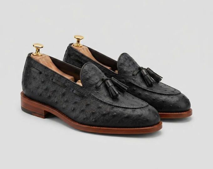 Black Ostrich Textured Leather Loafers, Handmade Tassel Loafers, Luxury Men's Dress Shoes, Genuine Leather Slip On Shoes, Custom Footwear