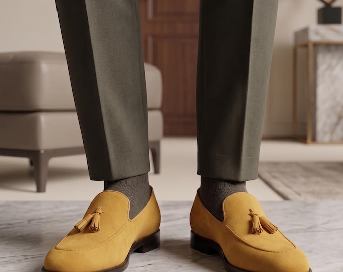Men's Mustard Yellow Leather Tassel Loafers – Handmade Slip On Dress Shoes