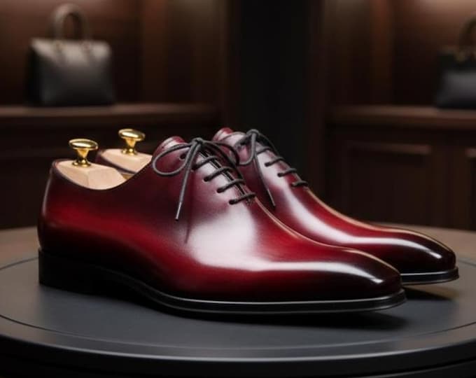 Handmade Red Patina Oxford Dress Shoes: Luxury Leather Wedding Shoes