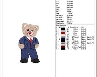 Bear in Suit Embroidery Design: Teddy Bear Business DST Pattern (4x4 Hoop)