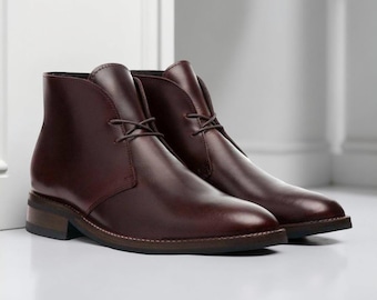 Handmade Mens Leather Chukka Boots | Classic Brown Ankle Boots |  Casual Lace Up Shoes Formal & Wedding Footwear