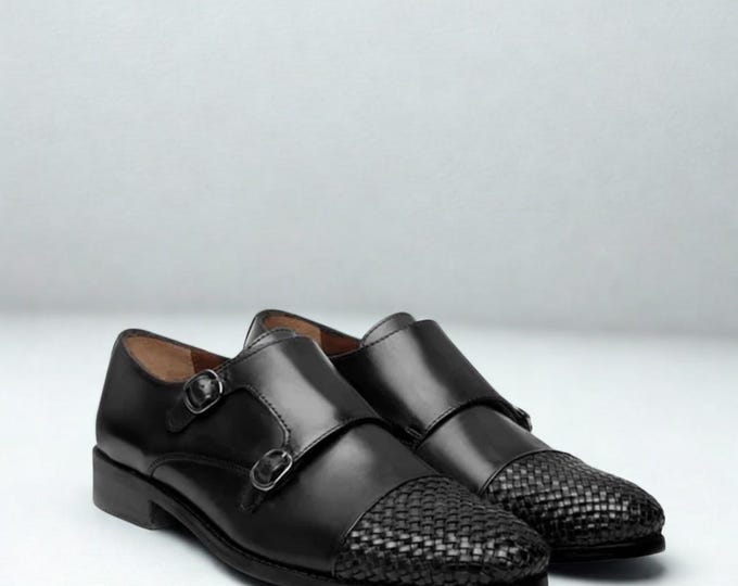 Handmade Black Woven Leather Monk Strap Shoes: Double Buckle Dress Shoes