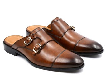 Handmade Leather Double Monk Strap Mules – Brown Slip-On Dress Shoes