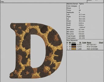 Leopard Print Monogram Embroidery Design Letter D (Digital Download)