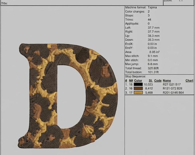 Leopard Print Monogram Embroidery Design Letter D (Digital Download)