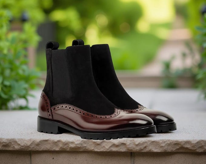 Handmade Two-Tone Leather Chelsea Boots: Brogue Suede Ankle Boots