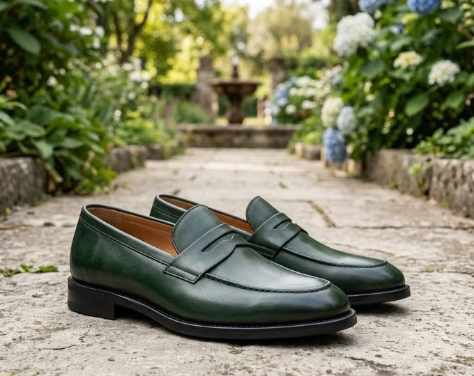 Handmade Green Leather Loafers for Men | Classic Penny Loafers