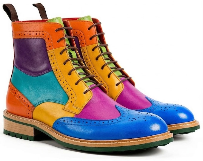 Men's Handmade Colorful Leather Brogue Ankle Boots, Patchwork Lace Up Designer Footwear