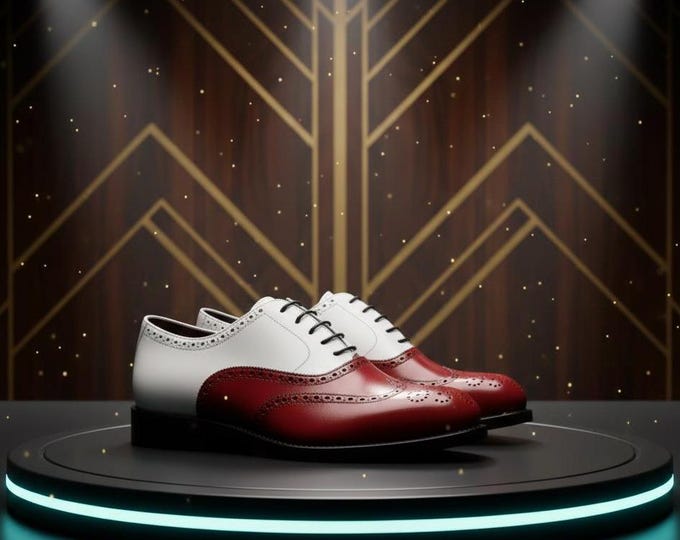 Handmade Red and White Leather Oxford Brogue Shoes: Wingtip Dress Shoes