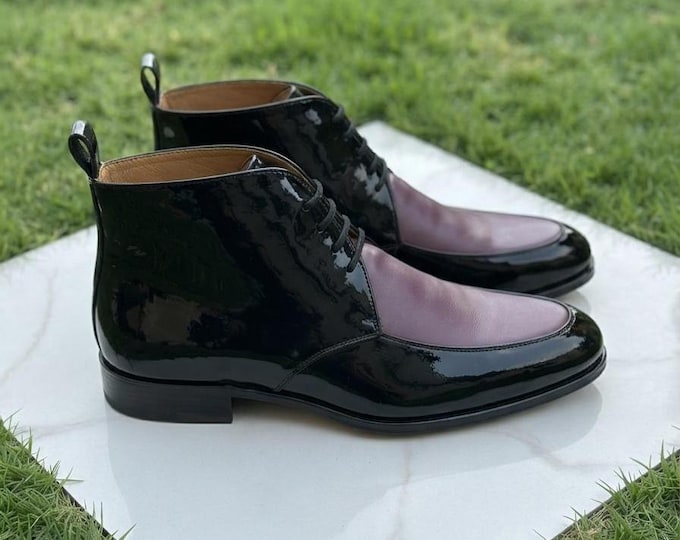 Handmade Black Patent Leather & Purple Boots – Custom Men’s Ankle Booties, Unique Two-Tone Dress Boots, Luxury Slip-On Boot