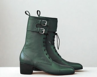 Custom Green Leather Lace Up Riding Boots | Vintage Style Cosplay Costume Boots | Handmade Wedding Gift for Him | Victorian Boots