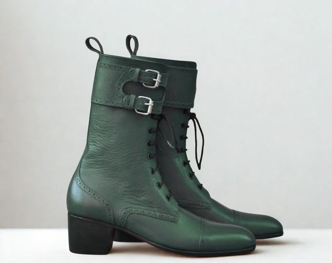 Custom Green Leather Lace Up Riding Boots | Vintage Style Cosplay Costume Boots | Handmade Wedding Gift for Him | Victorian Boots