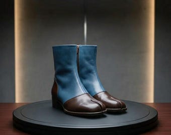 Handmade Two-Tone Leather Ankle Boots, Blue Brown Zipper Dress Boots