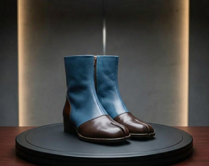 Handmade Two-Tone Leather Ankle Boots, Blue Brown Zipper Dress Boots