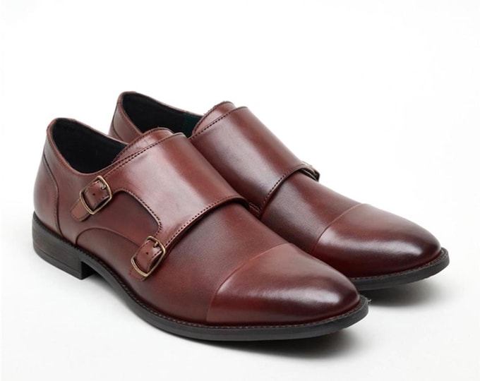 Handmade Brown Leather Double Monk Strap Shoes: Cap Toe Oxfords